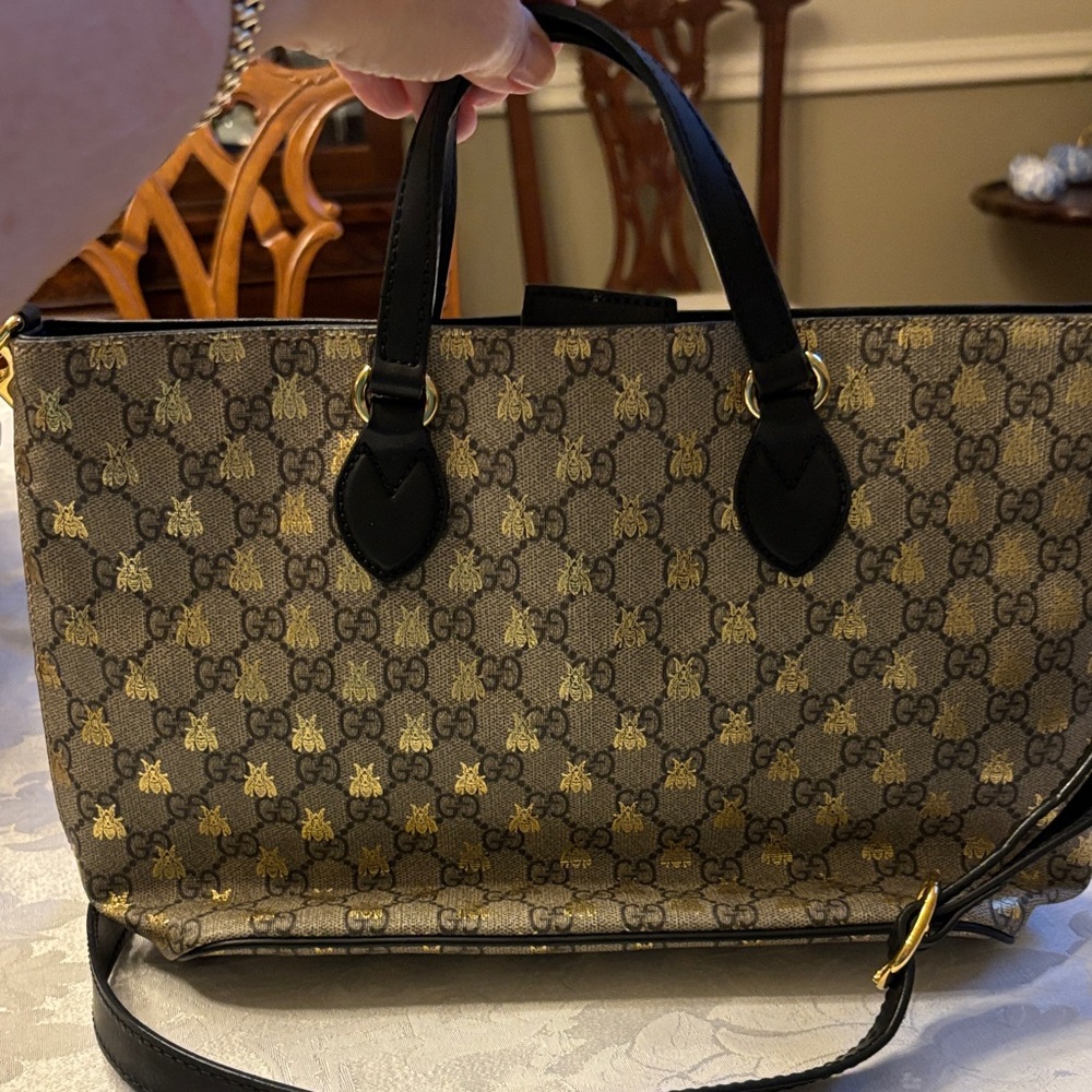 Gucci GG Bee Canvas Tote in Brown and Gold with Black Trim